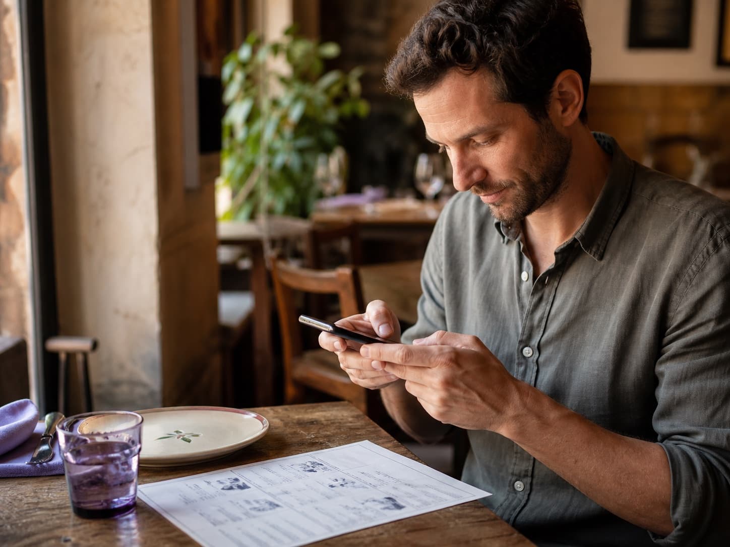Cliente al ristorante che usa TadaMenu per capire un menu cartaceo