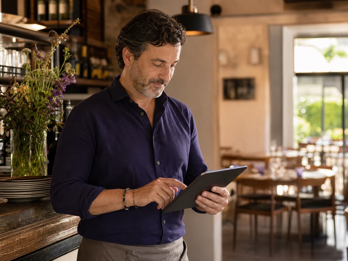 Ristoratore che aggiorna il proprio menu digitale dal tablet